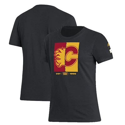 Women's adidas Black Calgary Flames Reverse Retro 2.0 - Down The Middle T-Shirt