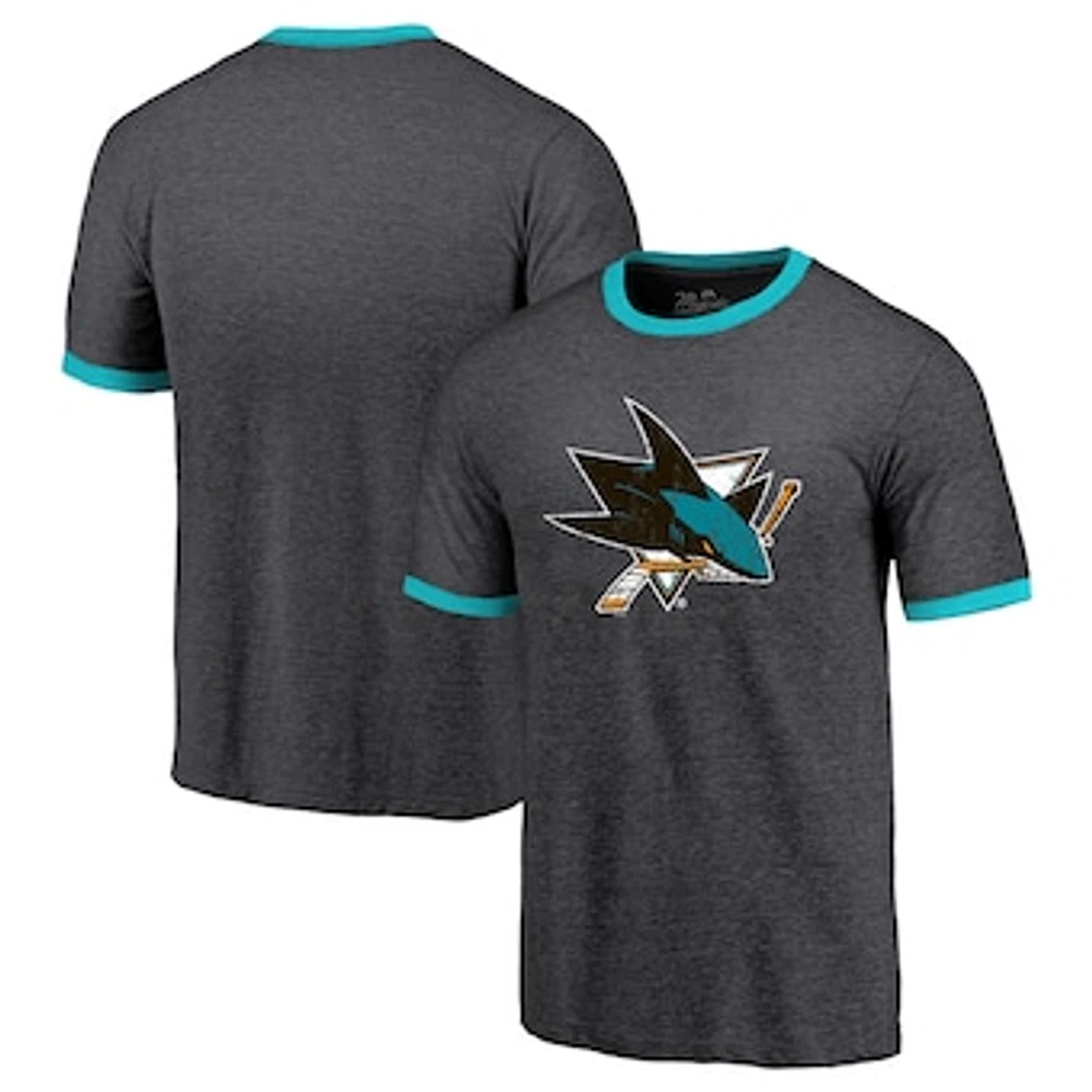 Men's Majestic Threads Heathered Black San Jose Sharks Ringer Contrast Tri-Blend T-Shirt