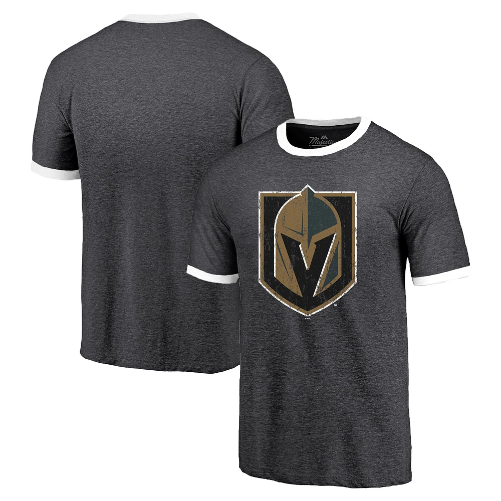 Men's Majestic Threads Heathered Black Vegas Golden Knights Ringer Contrast Tri-Blend T-Shirt