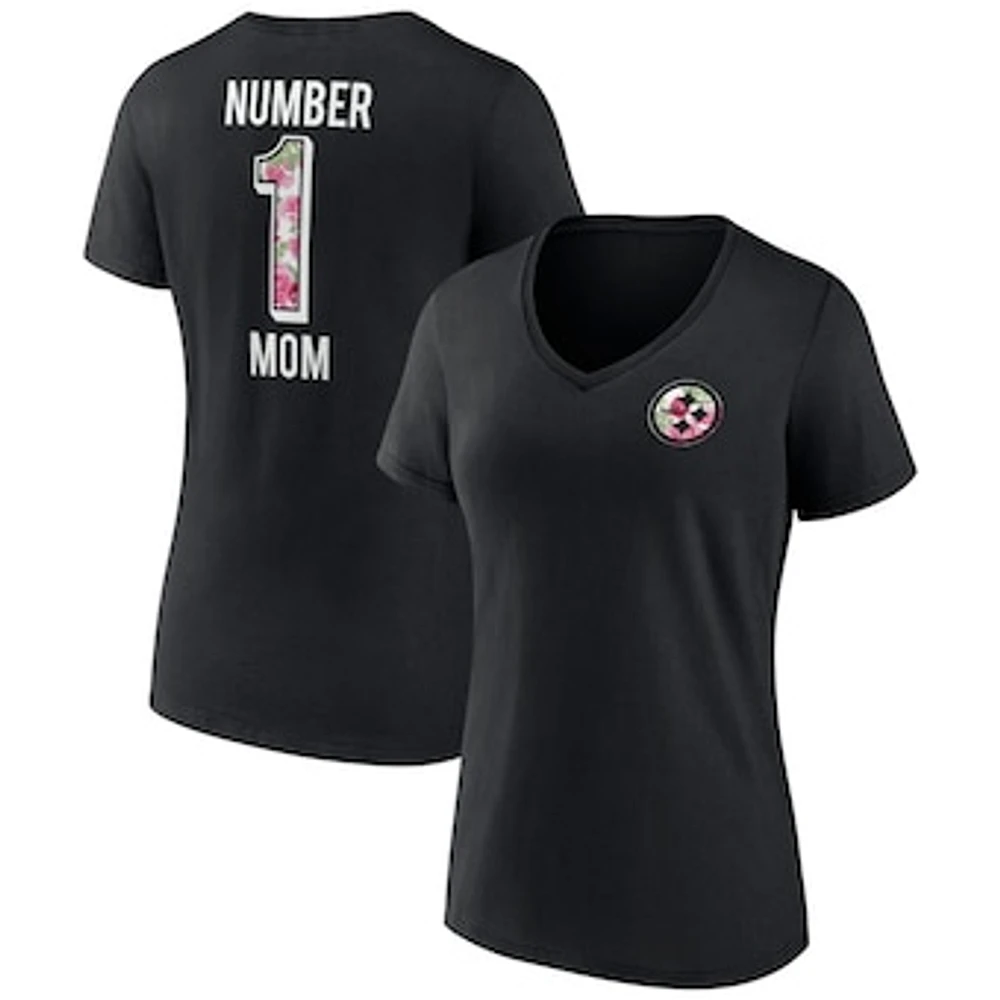 Women's Fanatics Black Pittsburgh Steelers Plus Mother's Day #1 Mom V-Neck T-Shirt