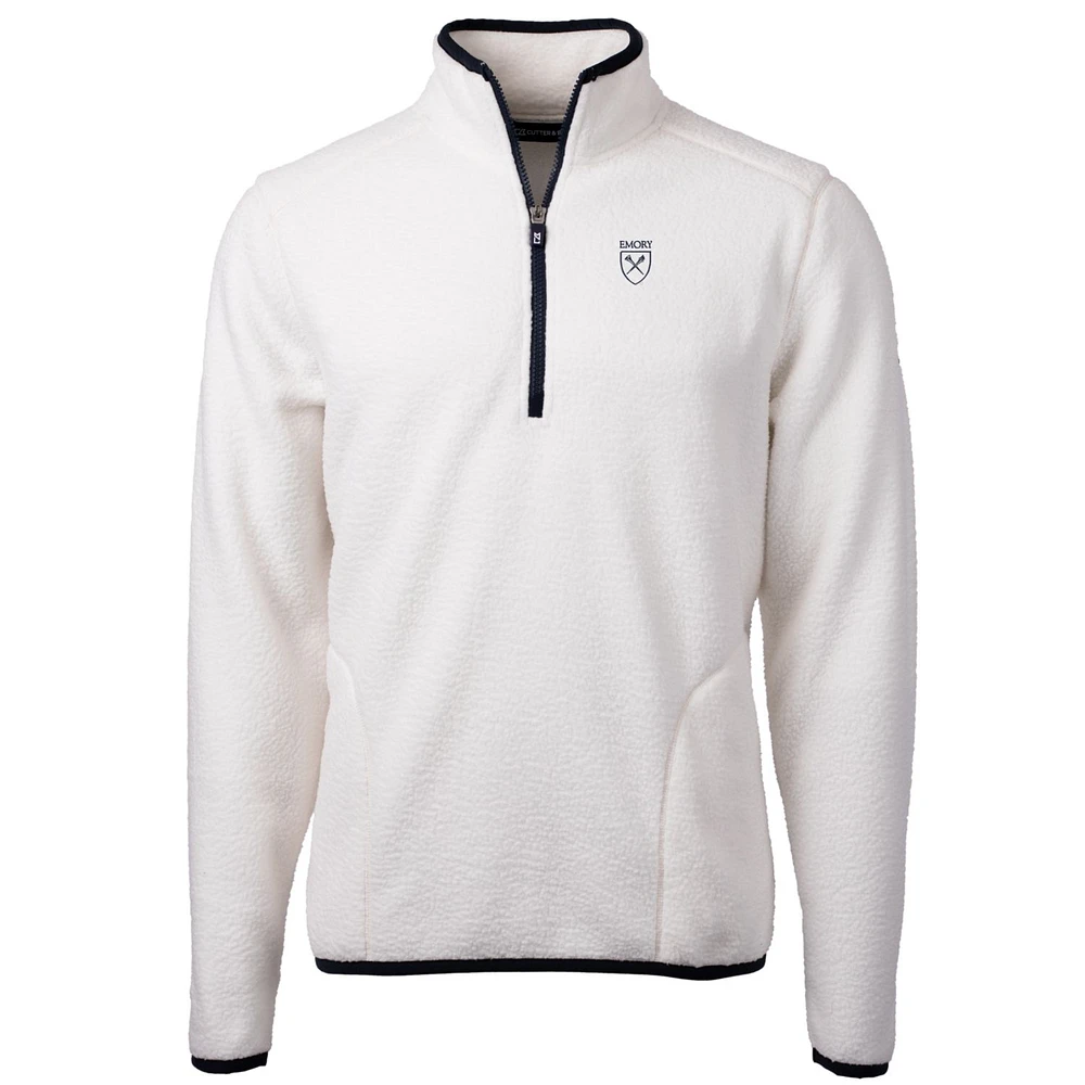 Men's Cutter & Buck Cream Emory Eagles Team Logo Cascade Eco Sherpa Fleece Quarter-Zip Pullover Jacket