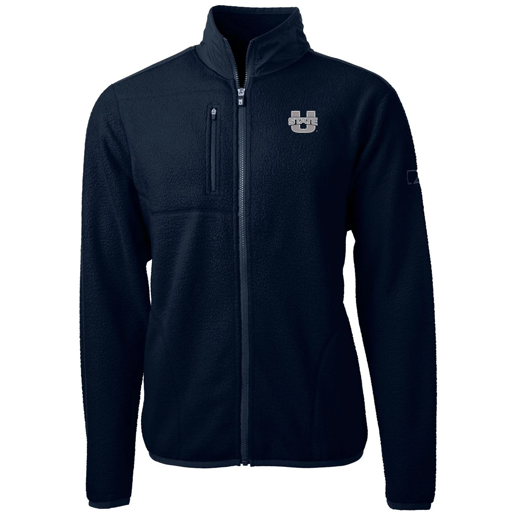 Men's Cutter & Buck Navy Utah State Aggies Team Logo Cascade Eco Sherpa Fleece Full-Zip Jacket