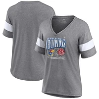 Women's Fanatics Heathered Gray Kansas Jayhawks 2022 NCAA Men's Basketball National Champions Press Vintage V-Neck T-Shirt