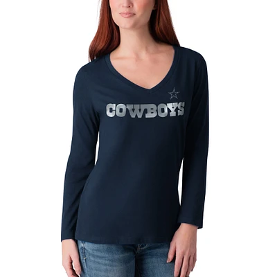 Women's G-III 4Her by Carl Banks Navy Dallas Cowboys Post Season Team - Long Sleeve V-Neck T-Shirt