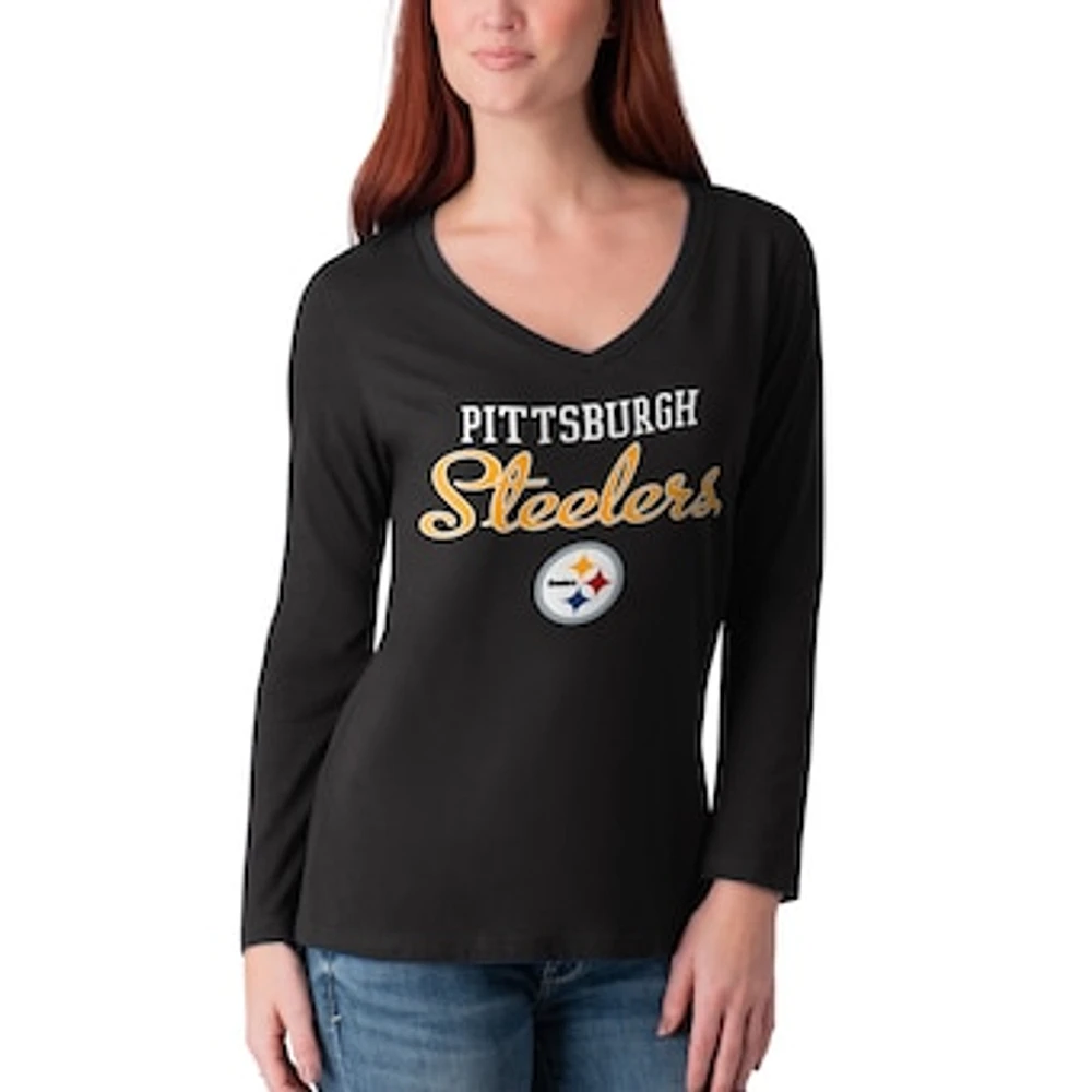 Women's G-III 4Her by Carl Banks Black Pittsburgh Steelers Post Season Team - Long Sleeve V-Neck T-Shirt