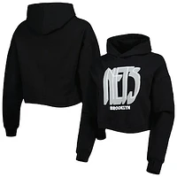 Women's Lusso Black Brooklyn Nets Layla World Tour Cropped Pullover Hoodie