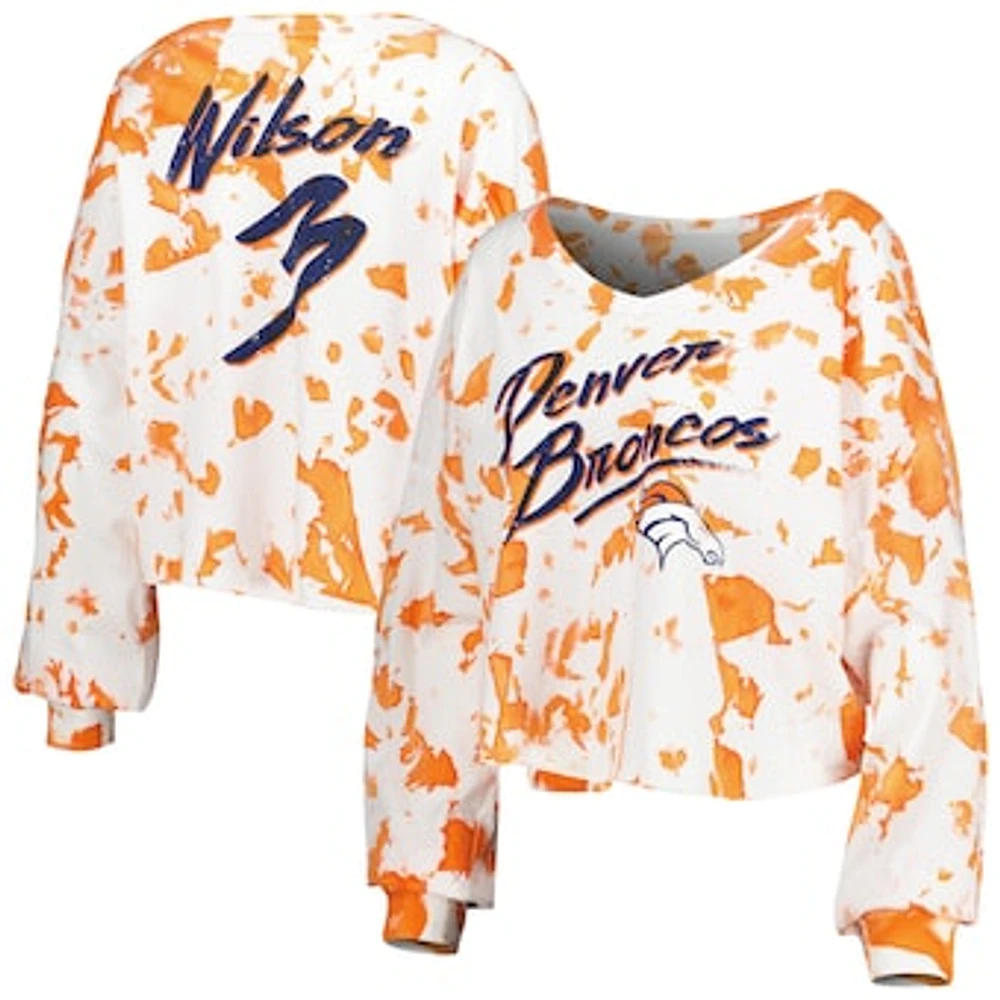 Women's Majestic Threads Russell Wilson White/Orange Denver Broncos Off-Shoulder Tie-Dye Name & Number Cropped Long Sleeve V-Neck T-Shirt