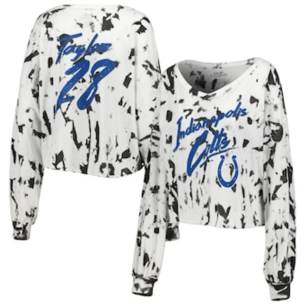 Women's Majestic Threads Jonathan Taylor White Indianapolis Colts Off-Shoulder Tie-Dye Name & Number Cropped Long Sleeve V-Neck T-Shirt