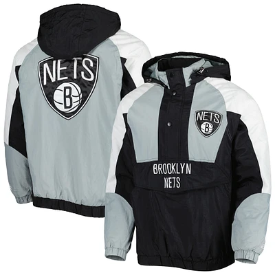 Men's Starter Black Brooklyn Nets Body Check Raglan Hoodie Half-Zip Jacket