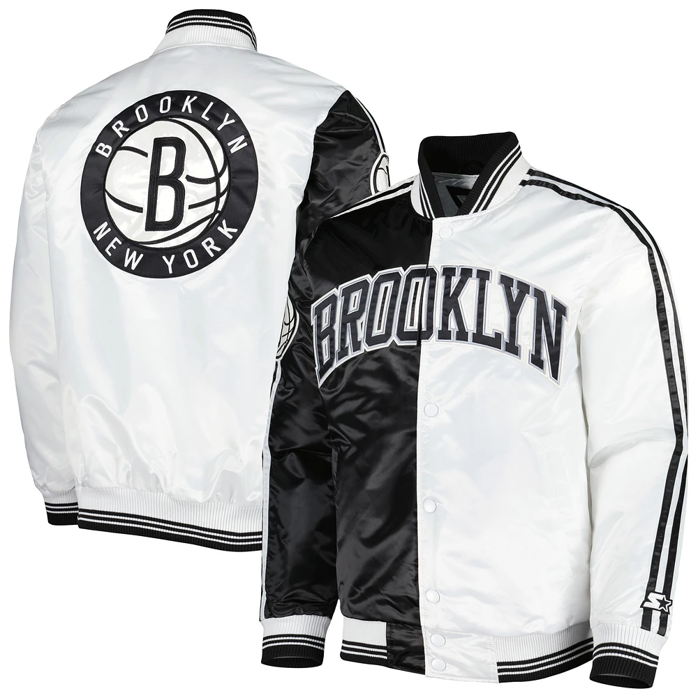 Men's Starter Black/White Brooklyn Nets Fast Break Satin Full-Snap Jacket