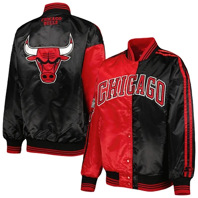 Women's Starter Red/Black Chicago Bulls Split Colorblock Satin Full-Snap Varsity Jacket