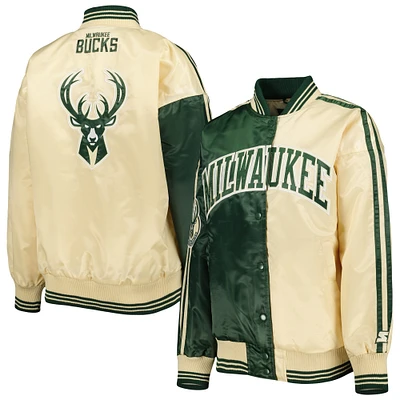 Women's Starter Hunter Green/Cream Milwaukee Bucks Split Colorblock Satin Full-Snap Varsity Jacket