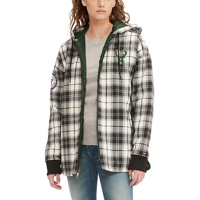 Women's Tommy Jeans Black/Cream Milwaukee Bucks Molly Flannel Full-Zip Hoodie