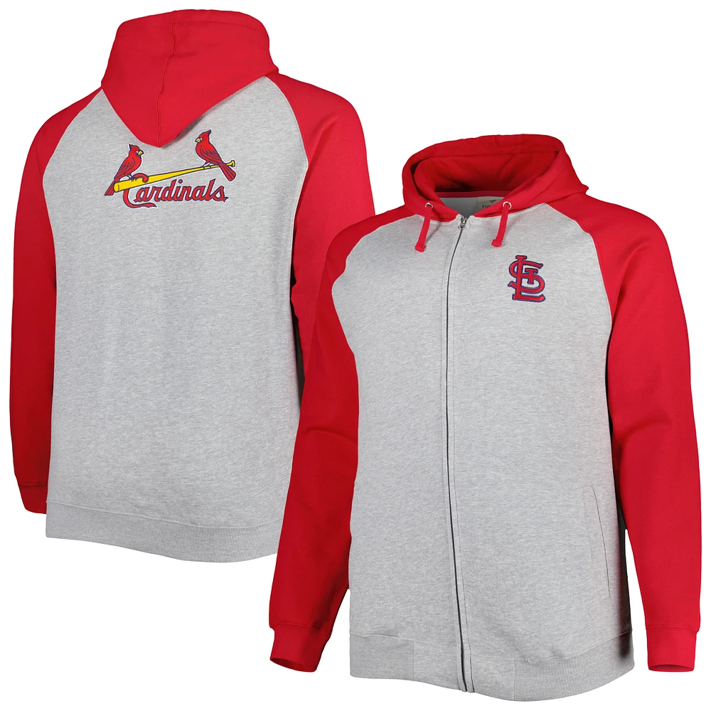 Men's Heather Gray/Red St. Louis Cardinals Big & Tall Raglan Hoodie Full-Zip Sweatshirt