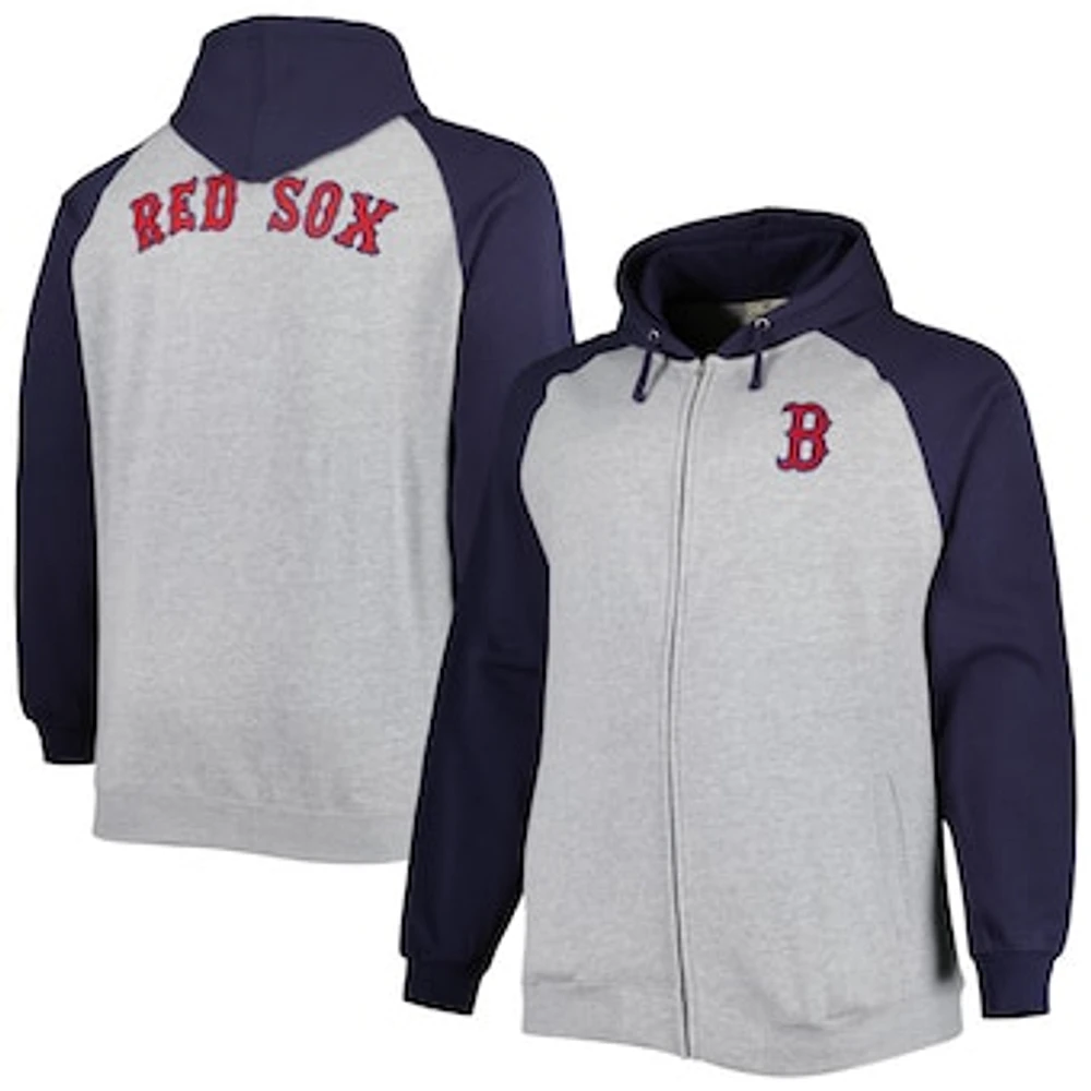 Men's Heather Gray/Navy Boston Red Sox Big & Tall Raglan Hoodie Full-Zip Sweatshirt