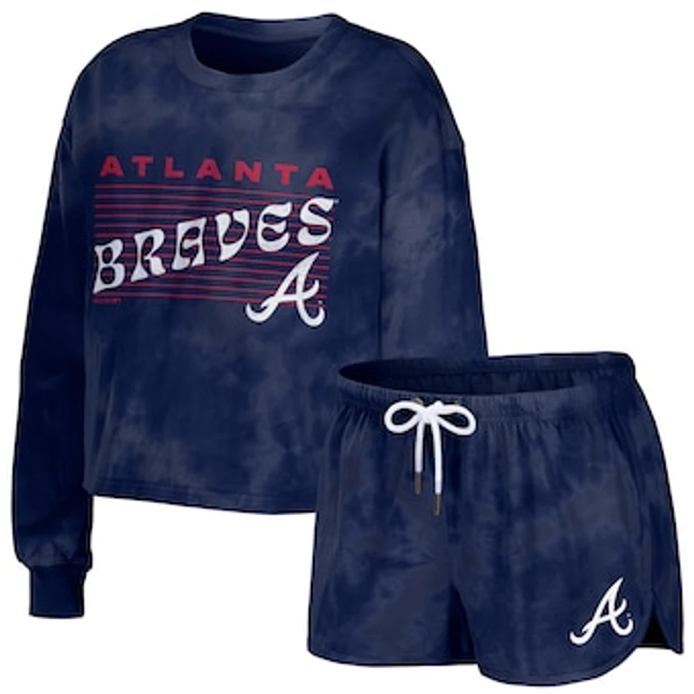 Women's WEAR by Erin Andrews Navy Atlanta Braves Tie-Dye Cropped Pullover Sweatshirt & Shorts Lounge Set