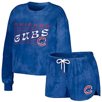 Women's WEAR by Erin Andrews Royal Chicago Cubs Tie-Dye Cropped Pullover Sweatshirt & Shorts Lounge Set