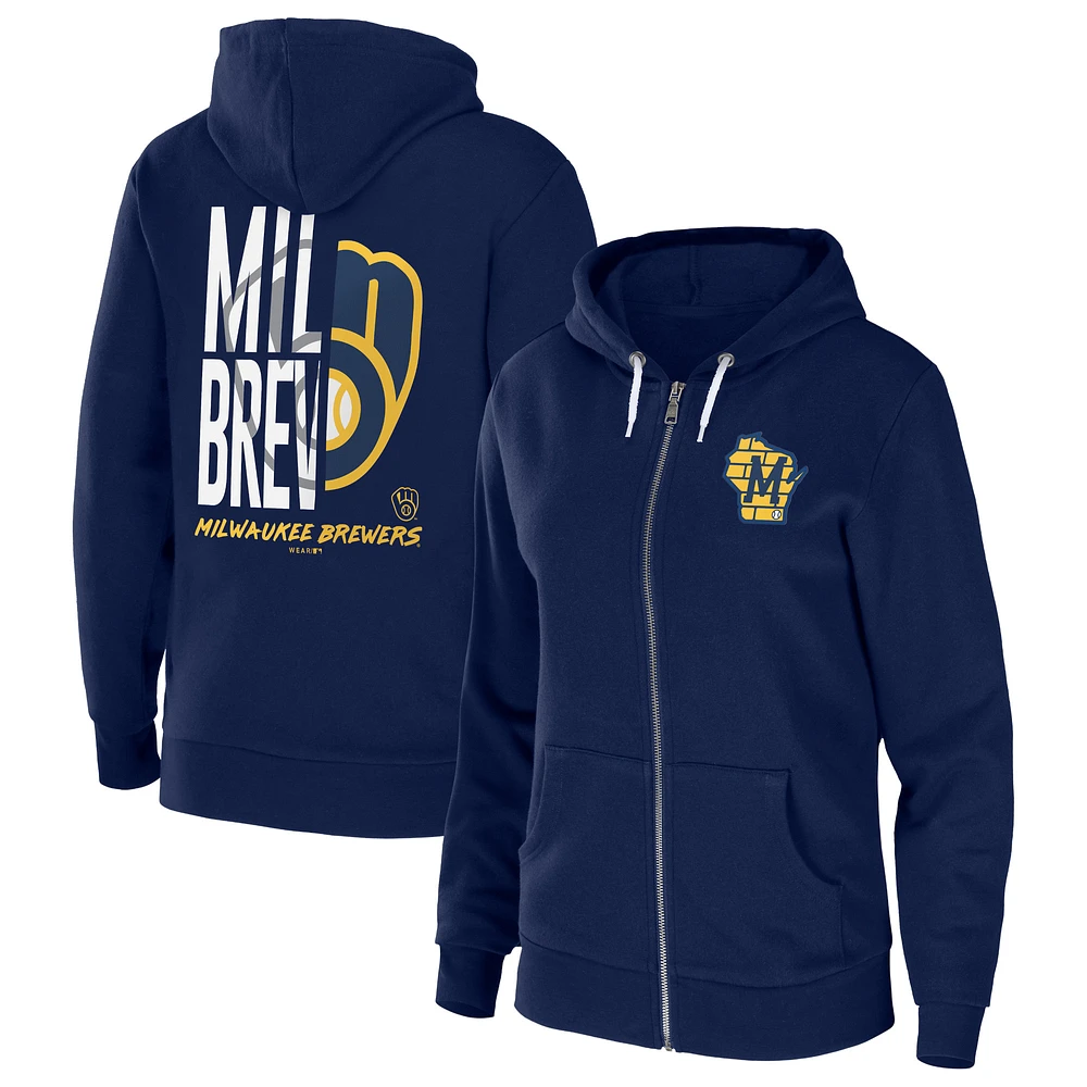 Women's WEAR by Erin Andrews Navy Milwaukee Brewers Sponge Fleece Full-Zip Hoodie