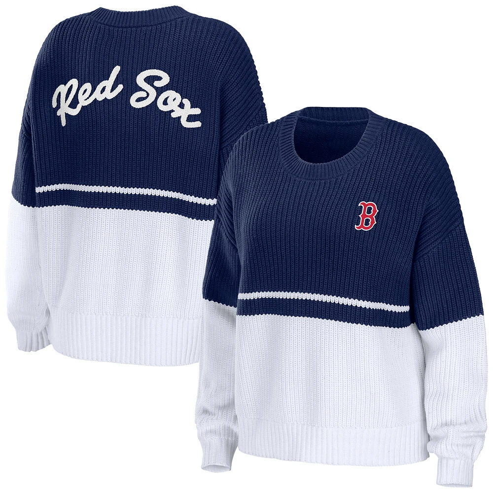 Women's WEAR by Erin Andrews Navy/White Boston Red Sox Chunky Pullover Sweatshirt