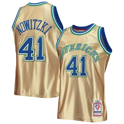 Men's Mitchell & Ness Dirk Nowitzki Gold Dallas Mavericks 75th Anniversary 1998/99 Hardwood Classics Swingman Jersey