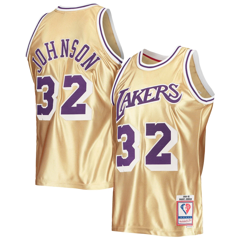 Men's Mitchell & Ness Magic Johnson Gold Los Angeles Lakers 75th Anniversary 1984/85 Hardwood Classics Swingman Jersey