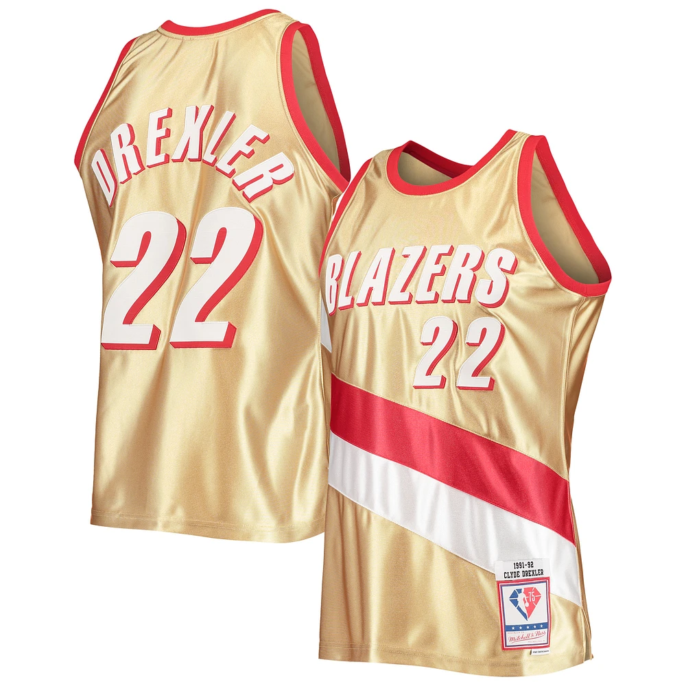 Men's Mitchell & Ness Clyde Drexler Gold Portland Trail Blazers 75th Anniversary 1991/92 Hardwood Classics Swingman Jersey