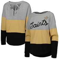 Women's Touch Heather Gray/Black New Orleans Saints Outfield Deep V-Back Waist Length Pullover Sweatshirt