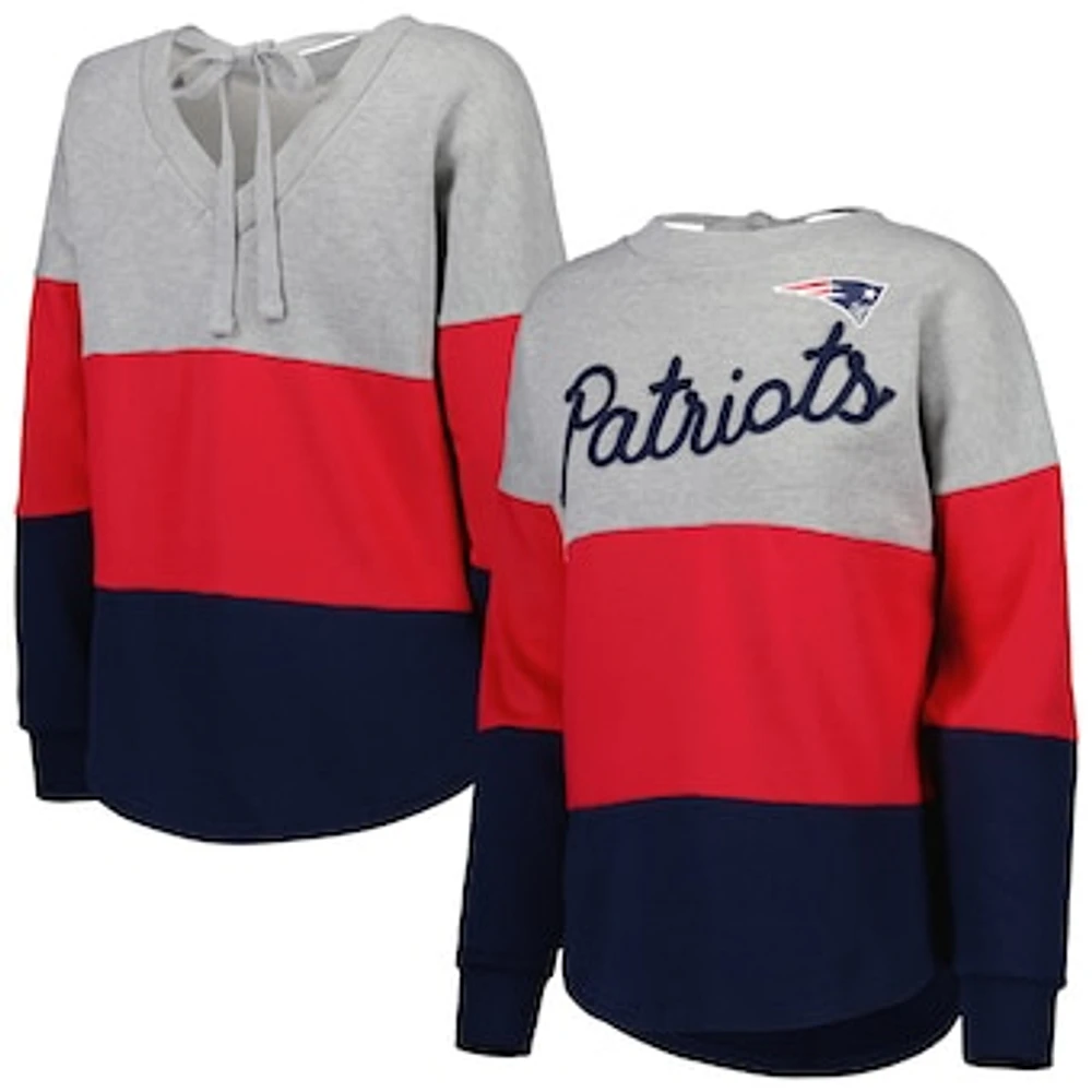 Women's Touch Heather Gray/Navy New England Patriots Outfield Deep V-Back Waist Length Pullover Sweatshirt