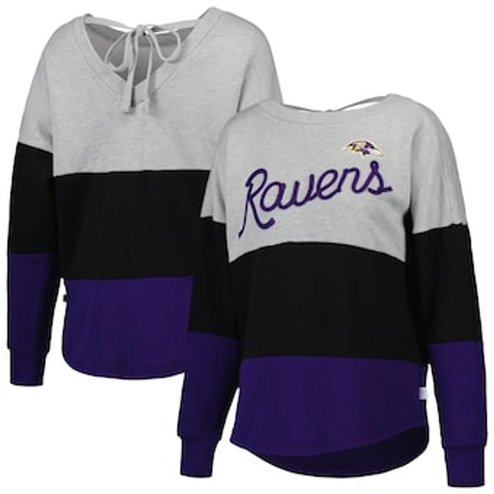 Women's Touch Heather Gray/Purple Baltimore Ravens Outfield Deep V-Back Waist Length Pullover Sweatshirt