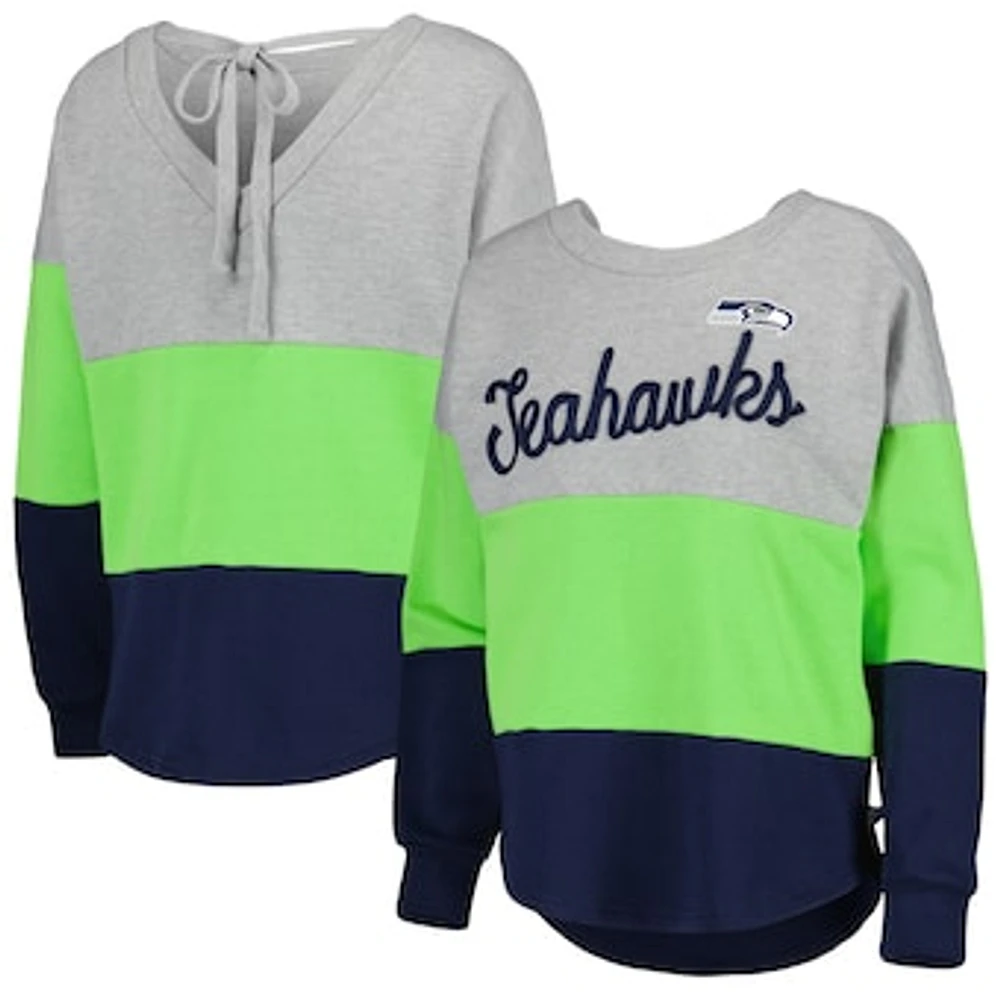 Women's Touch Heather Gray/Navy Seattle Seahawks Outfield Deep V-Back Waist Length Pullover Sweatshirt