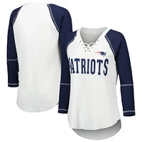 Women's Touch White/Navy New England Patriots Rebel Raglan Tri-Blend 3/4-Sleeve Lace-Up V-Neck T-Shirt