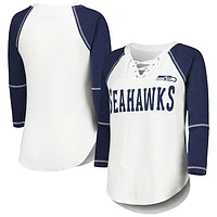 Women's Touch White/Navy Seattle Seahawks Rebel Raglan Tri-Blend 3/4-Sleeve Lace-Up V-Neck T-Shirt