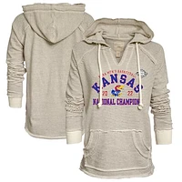 Women's Blue 84 Cream/Gray Kansas Jayhawks 2022 NCAA Men's Basketball National Champions French Terry V-Neck Pullover Hoodie