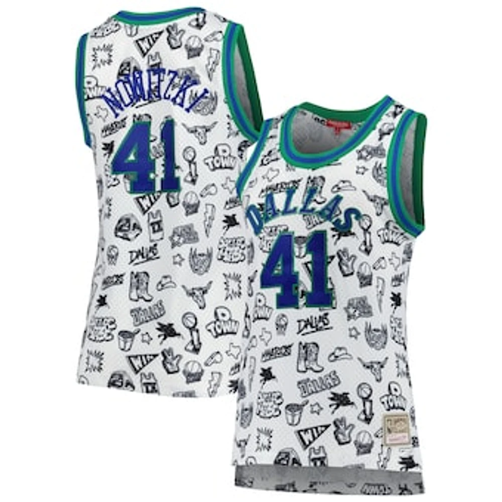 Women's Mitchell & Ness Dirk Nowitzki White Dallas Mavericks 1998 Doodle Swingman Jersey