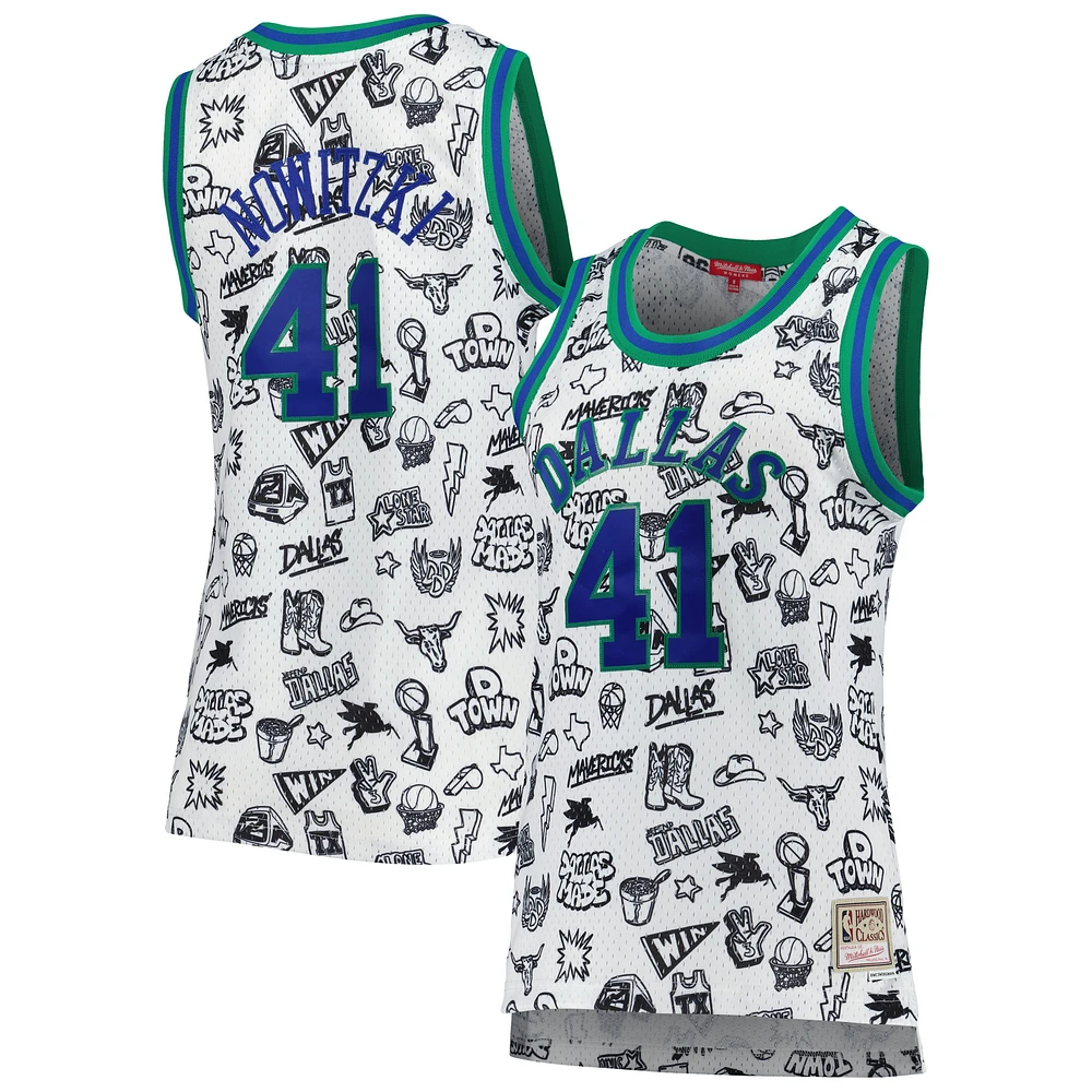 Women's Mitchell & Ness Dirk Nowitzki White Dallas Mavericks 1998 Doodle Swingman Jersey