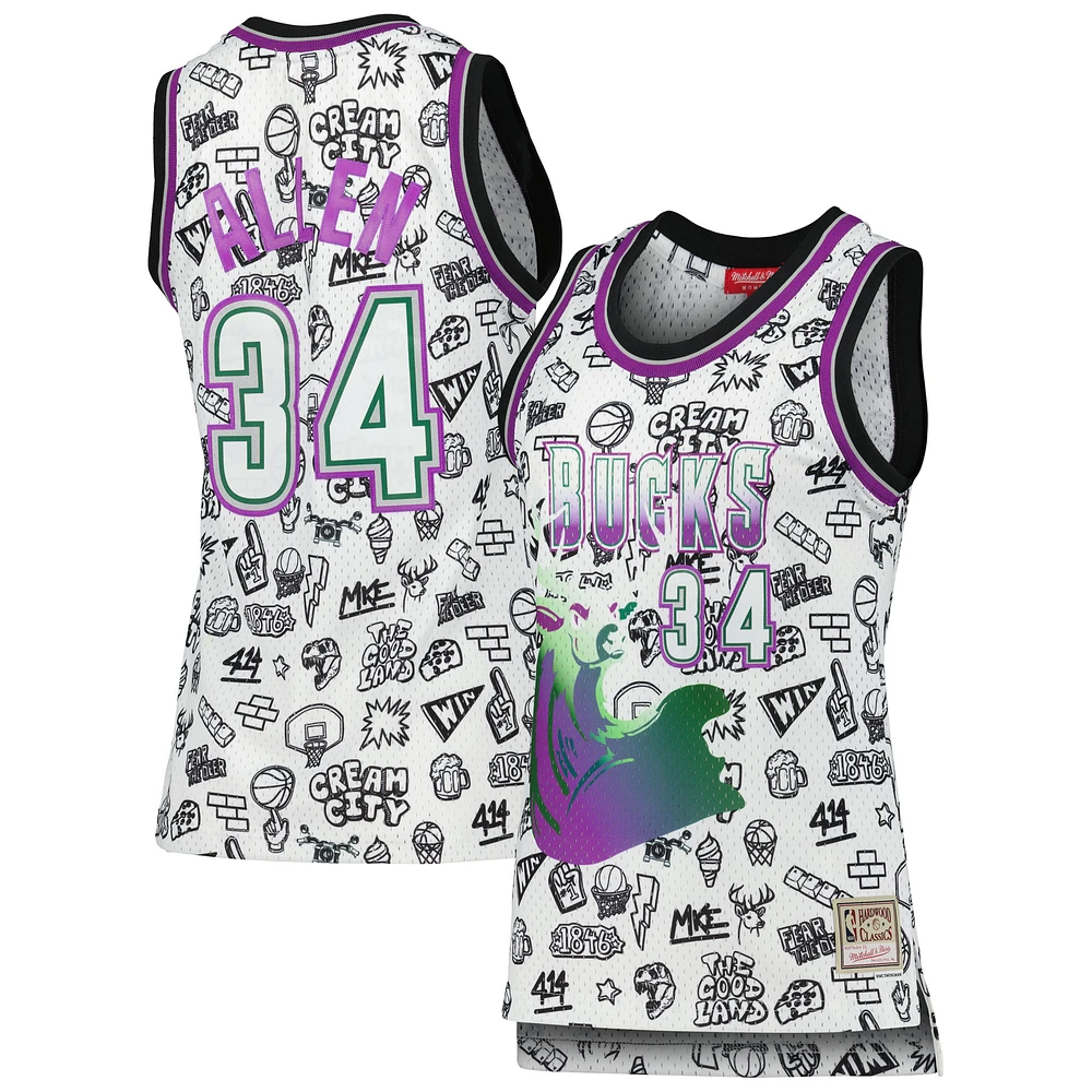 Women's Mitchell & Ness Ray Allen White Milwaukee Bucks 1996 Doodle Swingman Jersey