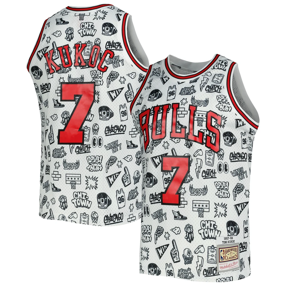 Men's Mitchell & Ness Toni Kukoc White Chicago Bulls 1997/98 Hardwood Classics Doodle Swingman Jersey