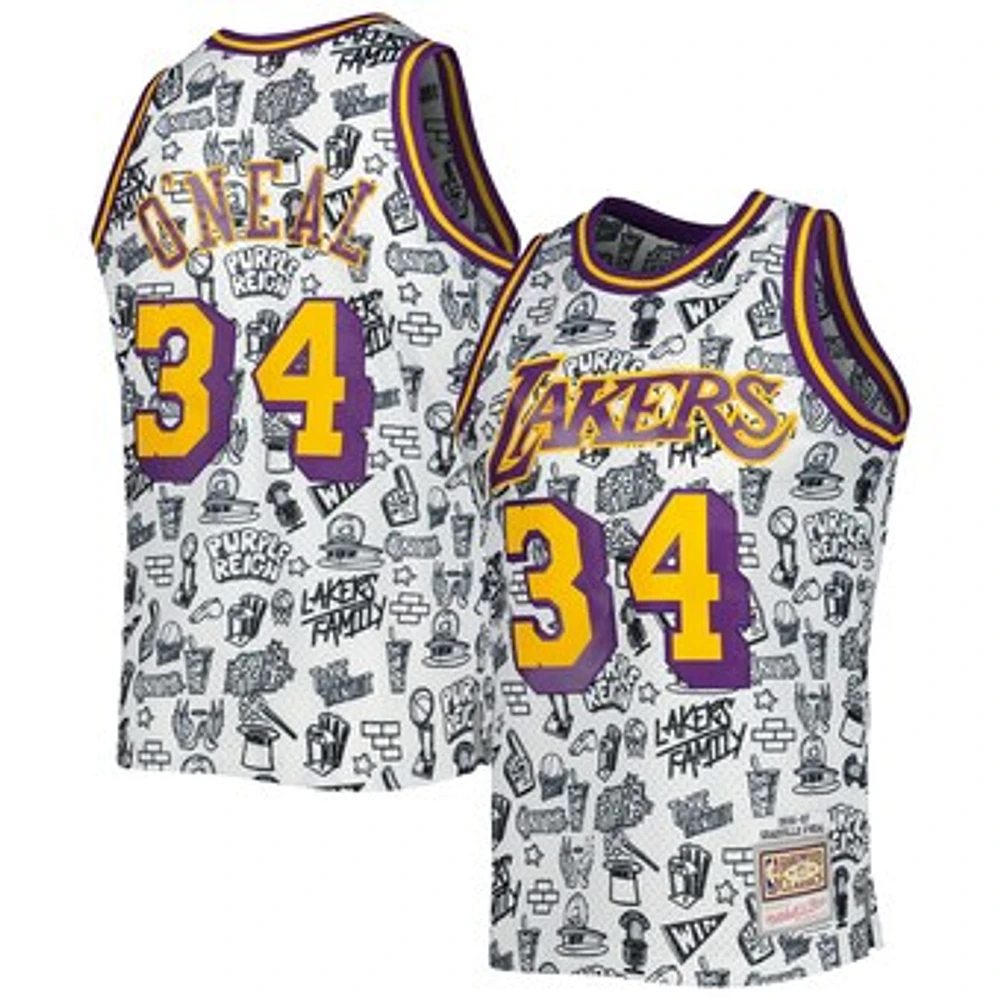 Men's Mitchell & Ness Shaquille O'Neal White Los Angeles Lakers 1996/97 Hardwood Classics Doodle Swingman Jersey