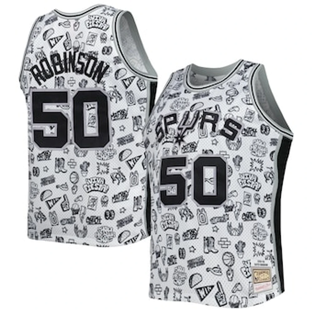 Men's Mitchell & Ness David Robinson White San Antonio Spurs 1998/99 Hardwood Classics Doodle Swingman Player Jersey