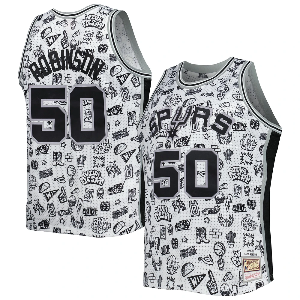 Men's Mitchell & Ness David Robinson White San Antonio Spurs 1998/99 Hardwood Classics Doodle Swingman Player Jersey