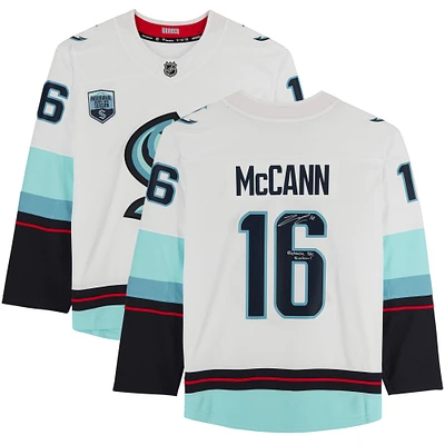 Jared McCann White Seattle Kraken Autographed Fanatics Breakaway Inaugural Season Jersey Patch Jersey with ''Release The Kraken!'' Inscription