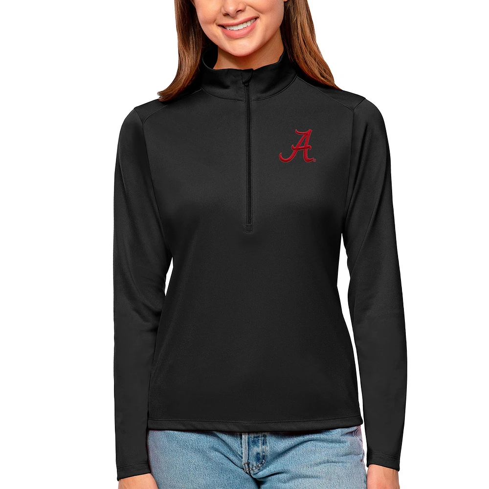 Women's Antigua Black Alabama Crimson Tide Tribute Quarter-Zip Pullover Top