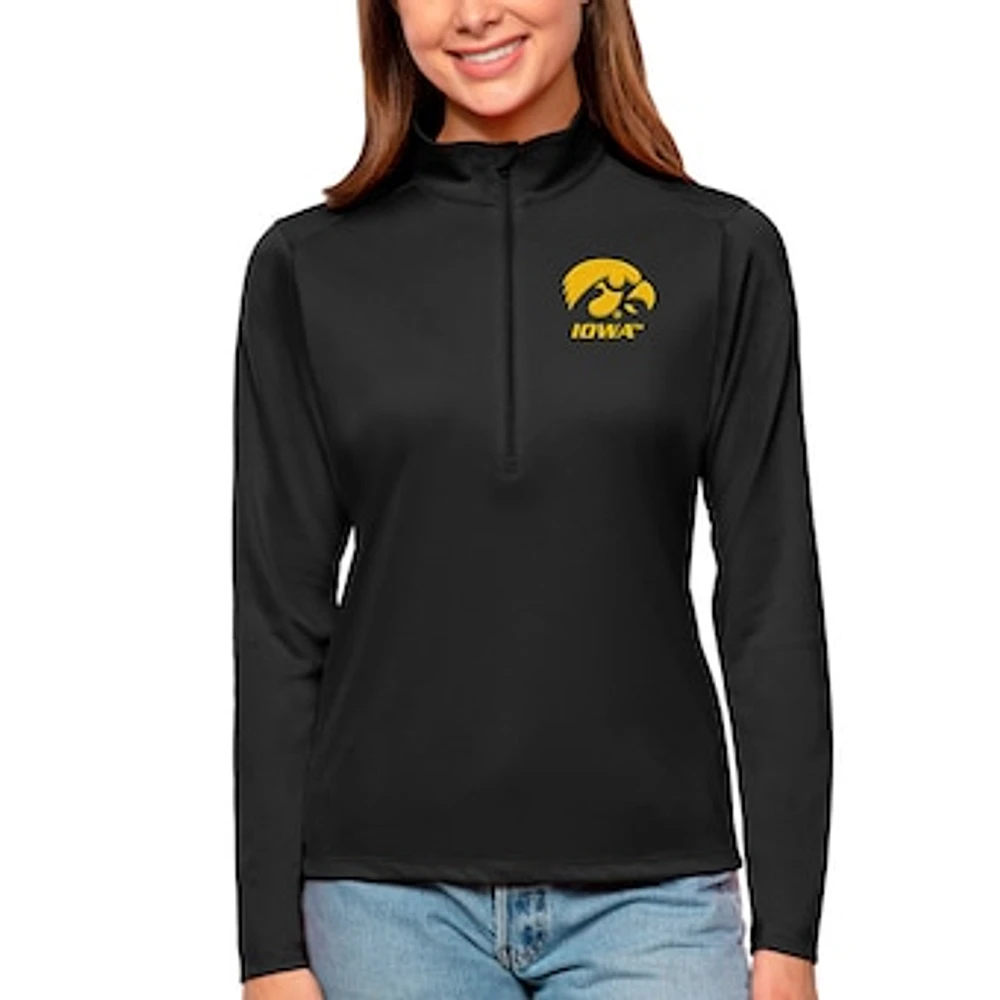 Women's Antigua Black Iowa Hawkeyes Tribute Quarter-Zip Pullover Top