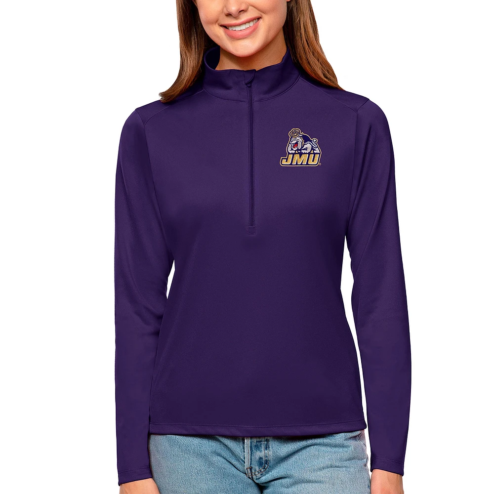 Women's Antigua Purple James Madison Dukes Tribute Quarter-Zip Pullover Top