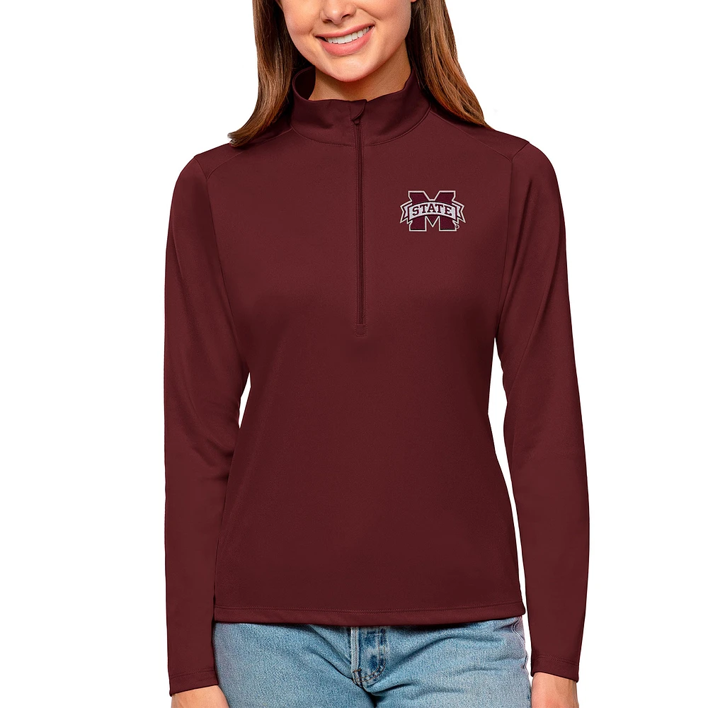 Women's Antigua Maroon Mississippi State Bulldogs Tribute Quarter-Zip Pullover Top