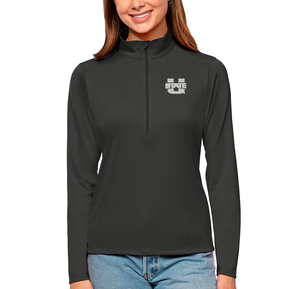 Women's Antigua Charcoal Utah State Aggies Tribute Quarter-Zip Pullover Top