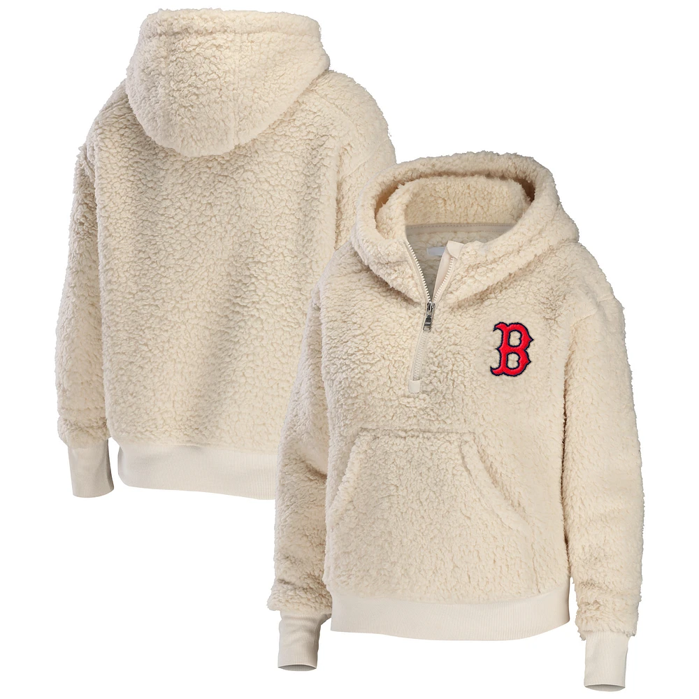 Women's WEAR by Erin Andrews Cream Boston Red Sox Plus Size Sherpa Quarter-Zip Hoodie