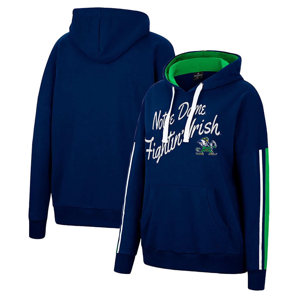 Women's Colosseum Navy Notre Dame Fighting Irish Serena Oversized Sleeve Striping Pullover Hoodie