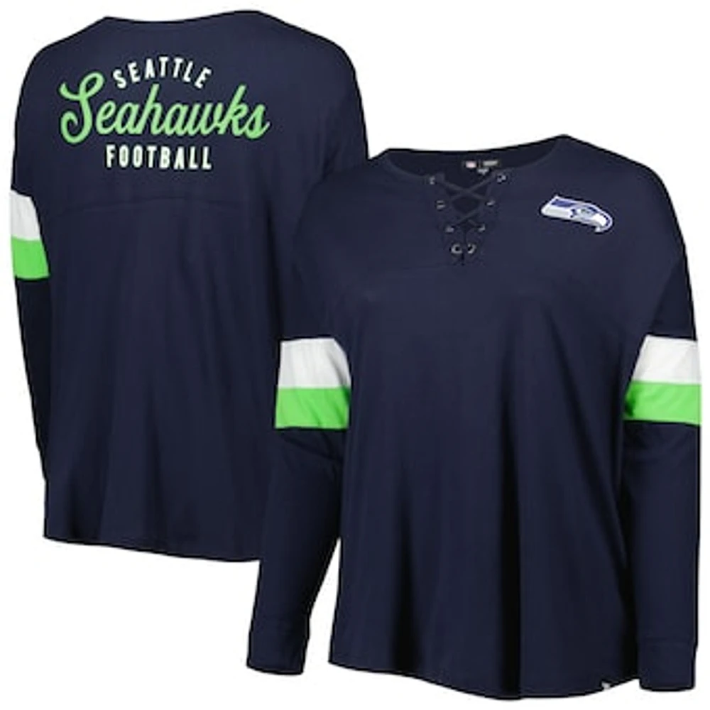 Women's New Era Navy Seattle Seahawks Plus Athletic Varsity Lace-Up V-Neck Long Sleeve T-Shirt