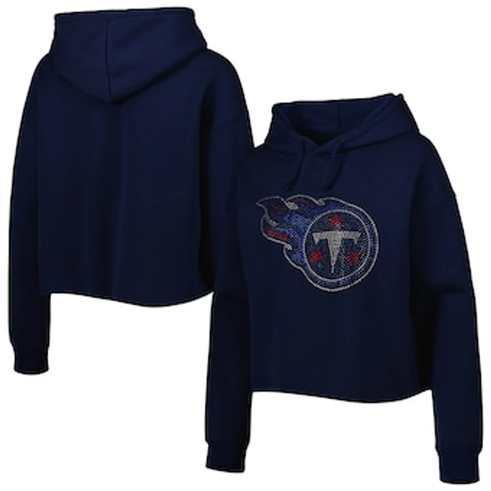 Women's Cuce Navy Tennessee Titans Crystal Logo Cropped Pullover Hoodie